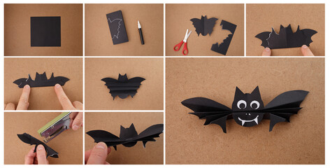 Creative step-by-step guide to making a paper bat for kids, designed for Halloween crafts, ideal...