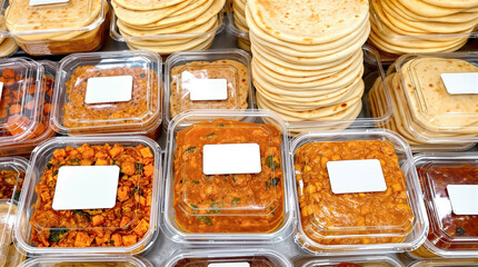 assortment of indian dishes and flatbreads in plastic containers