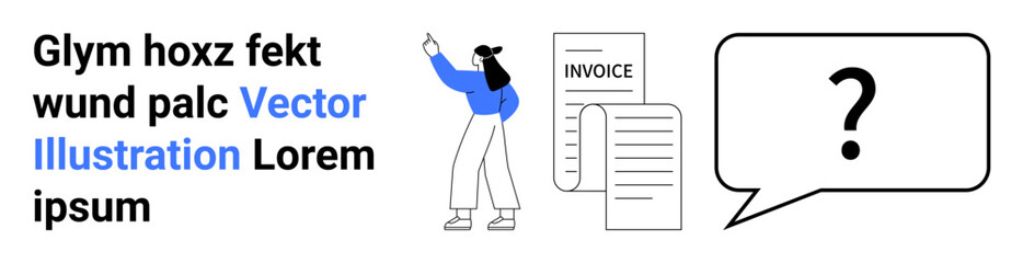 Woman pointing at invoice, question mark inside speech bubble. Ideal for finance, billing, accounting, customer support, freelancing, problem-solving, simple landing page