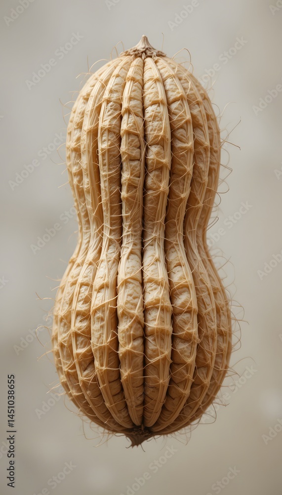 Poster magnified peanut shell, a close-up view. intricate grooves and fibrous texture visible under high ma