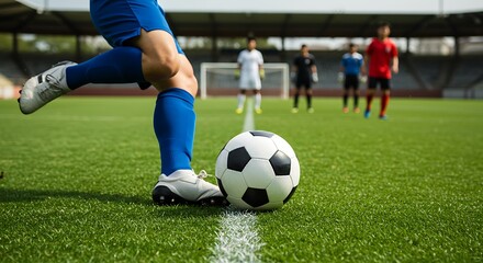 A close-up shot of a football player’s feet kicking a ball on a grass field during a match