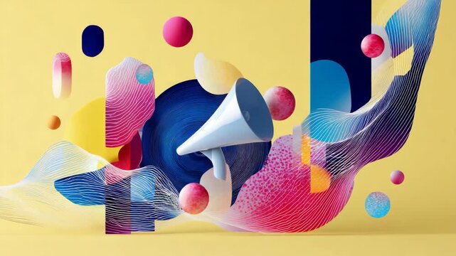 Abstract composition with megaphone and floating shapes in vibrant colors against a pastel yellow backdrop for presentations, marketing, and designs.