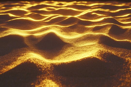 Golden sand dunes illuminated by warm light, close-up view of textured surface.  Details show gentle ripples and mounds of the sand