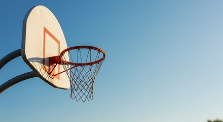 A basketball hoop with the net gently swaying, set against a bright blue sky during daylight