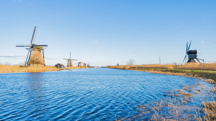 View of the historic windmills at Kinderdijk, Molenlanden, Netherlands