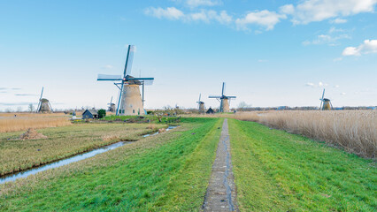 Picturesque landscape with the historic windmills of Kinderdijk, Molenlanden, Netherlands