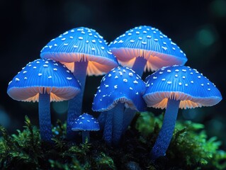 Glowing blue mushrooms in dark forest