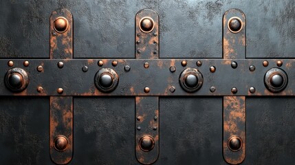 Ornate metal panel with copper accents.  Detailed texture and rivets create a strong, industrial look