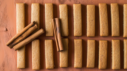 Mostaccioli (Italian Spiced Cookies) – Cinnamon Stick Domino Cascade. Fragrant Holiday Food Art, Pastel Terracotta Background, Negative Space. Timeless Italian Tradition Reimagined.