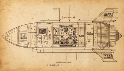 Obraz premium Hand-Drawn Retro Spaceship Cutaway Diagram with Analog Components 