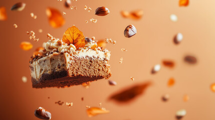 Tuscan Chestnut Cake Levitation – Floating with Dry Orange Leaves & Roasted Chestnuts (Rustic Autumn Aesthetic on Pastel Burnt Orange). VIP Pack Mockup Ready, Social Media Trending.Flat lay,copy space