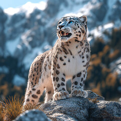 Fototapeta premium A majestic snow leopard standing on a rocky mountain peak, with detailed fur texture and piercing blue eyes, photorealistic