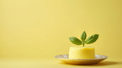 Polenta (Italian Cornmeal Dish) &ndash; Silver Seashell Presentation with Basil Flag. Minimalist Surreal Food Art, Pastel Lemon Yellow Background, Flat Lay, Copy Space. VIP Pack Mockup Ready. Rustic Italian