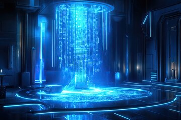 Futuristic, glowing, digital display cascading from a  central structure.  Sophisticated,  tech-filled interior