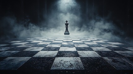 Lone king on aged chessboard, dark, smoky setting