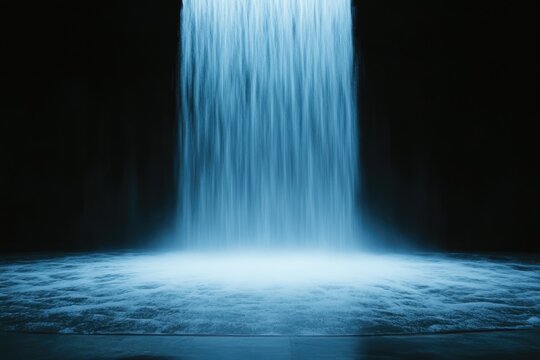 A dramatic waterfall cascade in cool blue light,  drops of water seem to form a soft mist on the black floor
