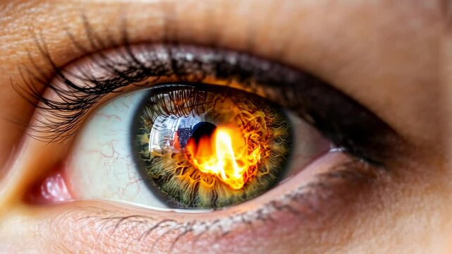 A mesmerizing female eye with a burning fire in the iris, set against a clean backdrop, showcasing beauty and intensity.