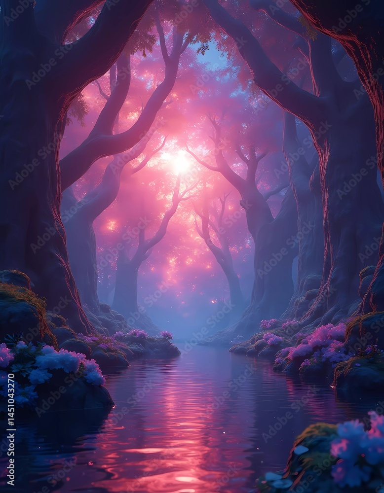 Poster a mystical forest filled with towering trees drenched in bright colors creates a surreal ambiance as