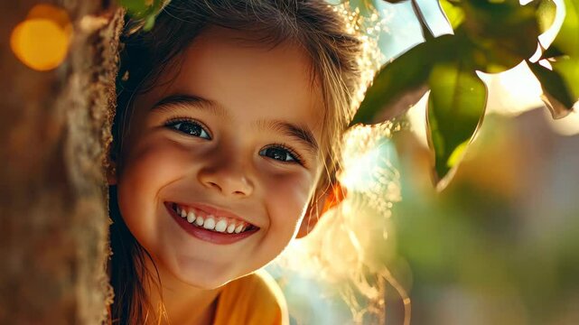 A joyful girl with a big grin peeks around a tree, her eyes filled with curiosity and excitement for a hidden surprise.