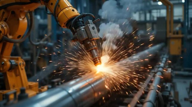 Robotic arm welding metal pipe in industrial setting manufacturing process industrial automation technology