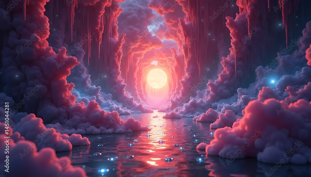 Poster a mystical forest filled with towering trees drenched in bright colors creates a surreal ambiance as