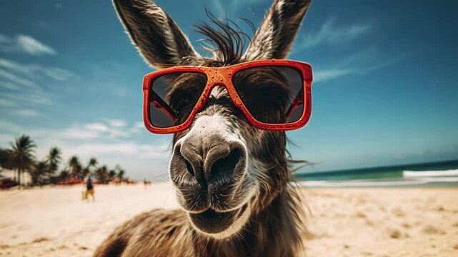 Summer Donkey on the Beach: A cool donkey wearing stylish sunglasses, relaxing on a beautiful beach under a bright blue sky. 