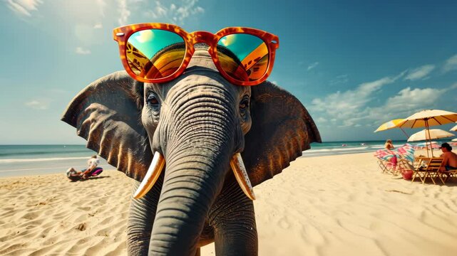 Sun-Kissed Elephant: An elephant dons sunglasses, enjoying a sunny day on the beach, exuding a playful and relaxed atmosphere. Capturing the essence of summer and relaxation.