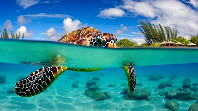 Sea Turtle Underwater Paradise: A majestic sea turtle gracefully glides through crystal-clear turquoise waters, its vibrant shell contrasting beautifully against the sunlit ocean floor.