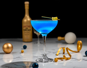 Blue Curacao cocktail with an electric blue glow in a designer glass, perfect for luxury drink presentations and branding