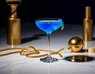 Blue Curacao cocktail with an electric blue glow in a designer glass, perfect for luxury drink presentations and branding