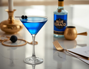 Blue Curacao cocktail with an electric blue glow in a designer glass, perfect for luxury drink presentations and branding