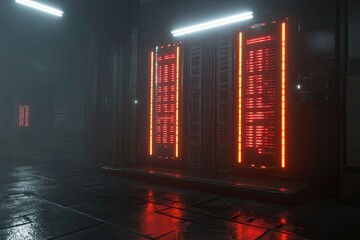 Futuristic server room with glowing red data panels.  Dark, misty interior with metallic panels and bright red light displays showing binary code.  Reflecting surfaces