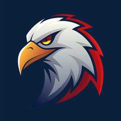 Fototapeta premium Majestic Eagle Portrait: A stylized illustration of a fierce eagle head, with piercing eyes and a determined gaze, against a deep blue backdrop, capturing the spirit of strength and freedom.