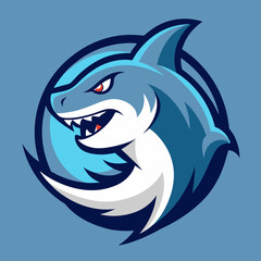 Fototapeta premium Shark Mascot Logo: A ferocious shark mascot with sharp teeth and piercing red eyes, set against a blue circle, ideal for a sports team or branding project.