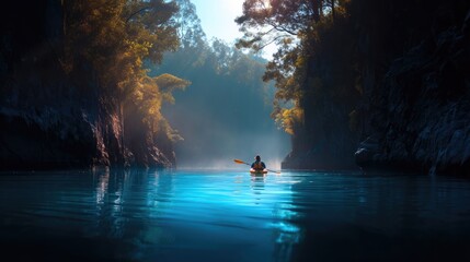 Fototapeta premium Kayaking in a Secluded Canyon: Serenity on Teal Waters