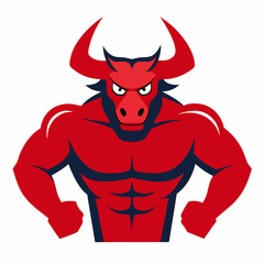 Powerful Red Bull: A fierce, muscular, red bull mascot with horns, glaring with power and strength. Perfect for a bold, competitive brand image.
