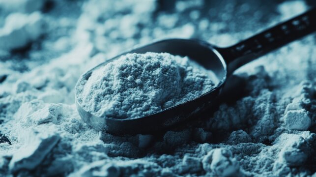 Measuring spoon resting on protein powder heap - 1 - standard 6x.