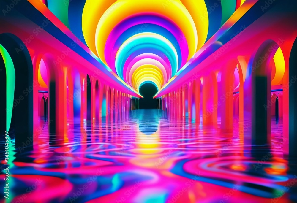 Poster a surreal environment filled with luminous archways radiating vibrant colors and patterns, reflectin