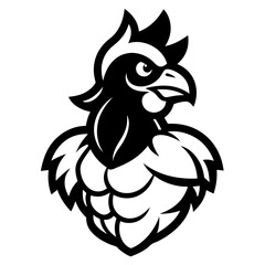 Fototapeta premium Rooster Mascot: This bold, vector graphic illustration features a powerful rooster mascot with bulging muscles and a determined expression. Its design is perfect for sports teams, gym logos.