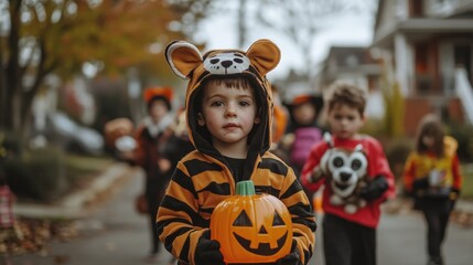 Focused child in tiger costume holds pumpkin during autumnal trick-or-treating.