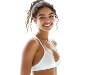 Young smiling woman in white swimming suit. isolated on white background