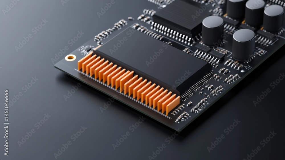 Aufkleber close-up of circuit board with microchip and capacitors on dark background