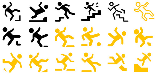 Fototapeta premium Slip and Fall Hazard Icons Set: A collection of icons featuring figures slipping and falling, ideal for safety signage, workplace hazards, and caution signs.
