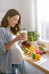 Smiling Pregnant Woman Holding a Green Smoothie in a Sunlit Kitchen, Healthy Eating, Maternity, Wellness, Nutrition, Fresh Fruits and Vegetables

