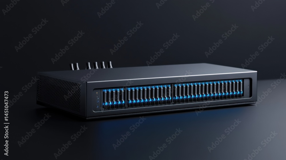 Poster modern data server with blue led lights on black background for technology use
