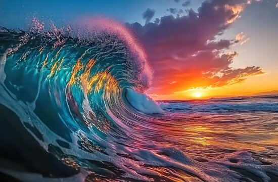 Powerful ocean wave at sunset, vibrant colors.  A massive wave,  with a breathtaking, colorful,  and dynamic display of turquoise