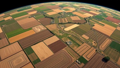 Fototapeta premium Aerial Perspective of Agriculture Fields forming a patchwork with earth curvature