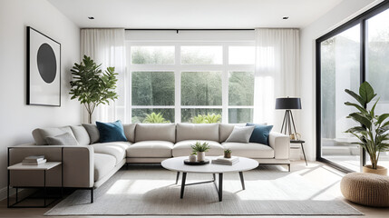 Modern living room design cozy home interior decor bright natural light minimalist style