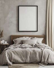 A bed with a white sheet and a black frame. A white framed picture is on the wall above the bed