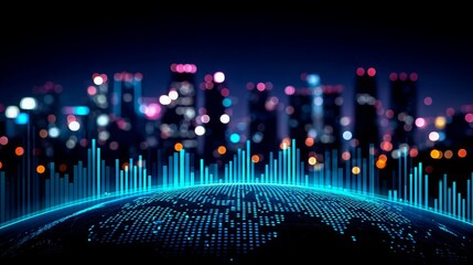 Digital Globe with Sound Waves Against Blurred City Skyline at Night